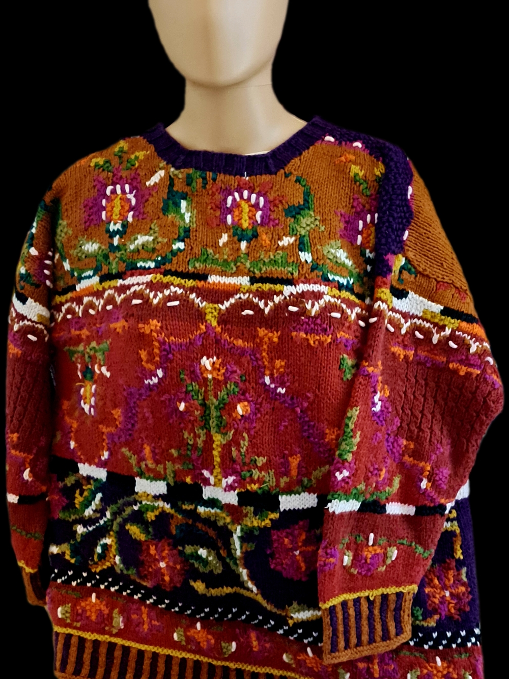 Vintage Oversized Handknitted Floral Pattern Cotton Ramie Crewneck Sweater - Picture 2 of 8